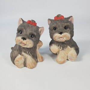 Vintage HOMCO Porcelain Dogs Figurine  #1475 Yorkie Puppy with Red Bow Set of 2